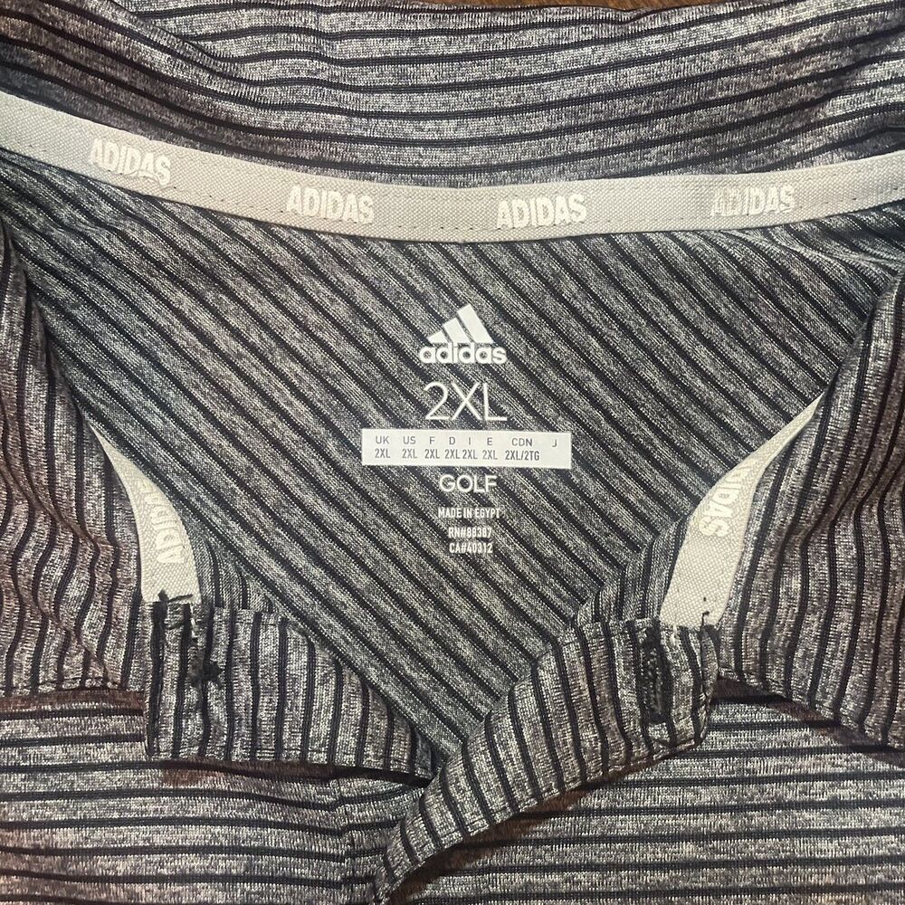 Adidas Golf Mens 2XL XXL Gray Striped Performance Polo Athletic Fit Short Sleeve